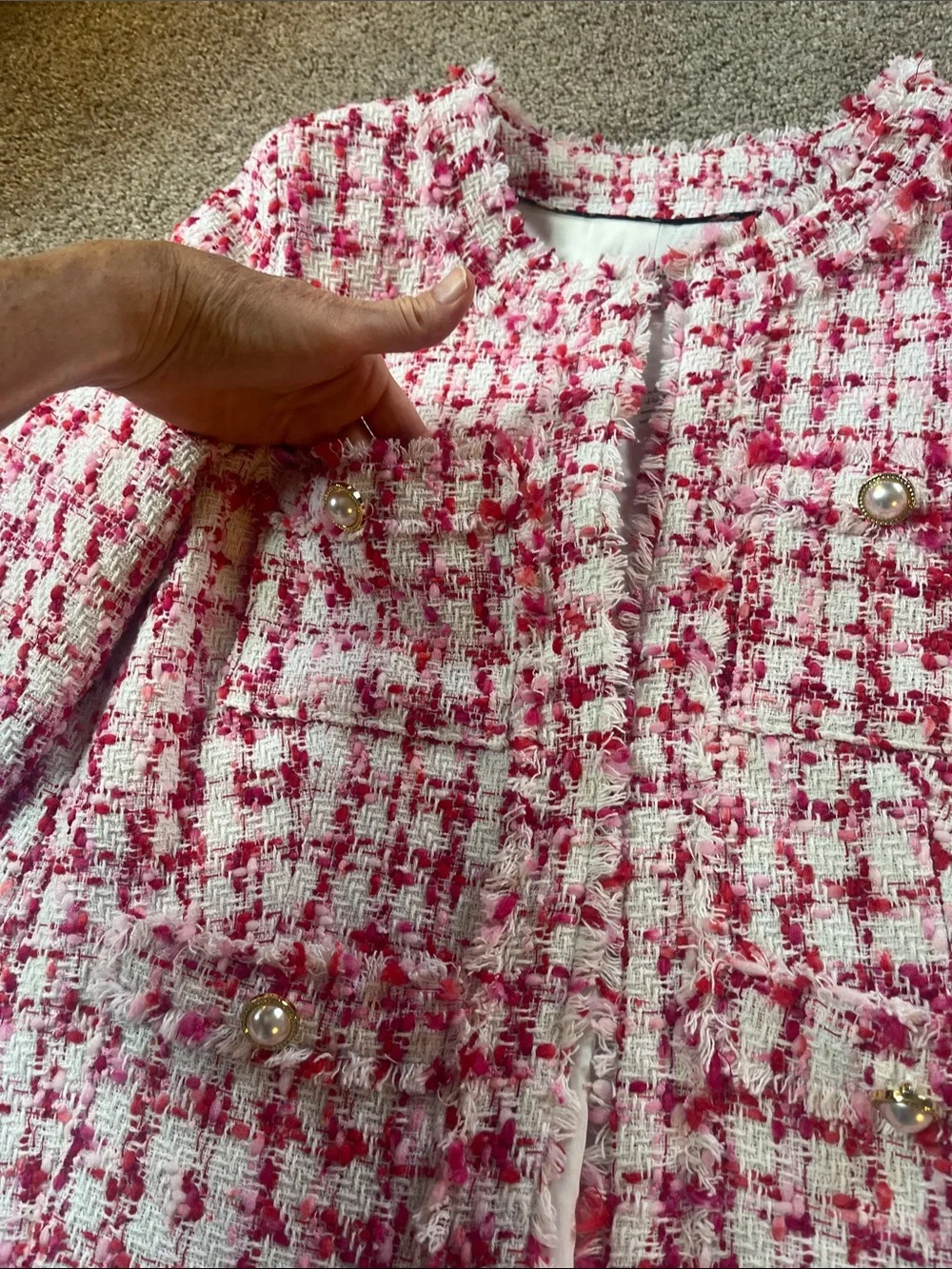 🎀🌺🌸Nanette Lepore sz8 Pink “tweed” Blazer pink red white Fringe Faux Pearls NWT
